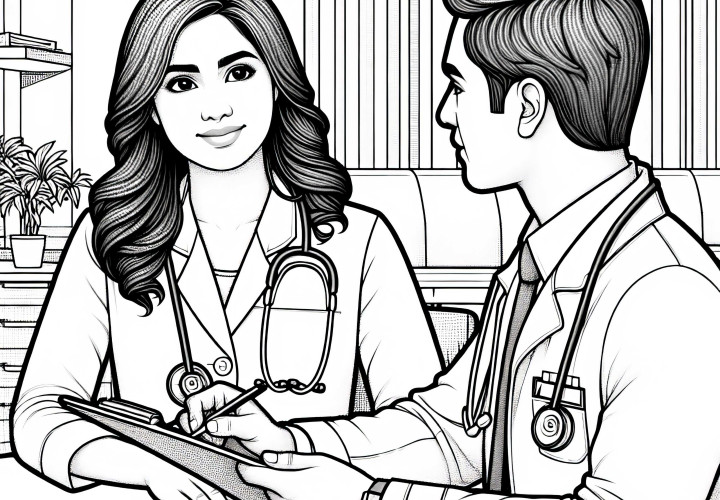 Doctor in a meeting with colleagues - coloring page, detailed, free Doctor in a meeting with colleagues - coloring page, detailed, free