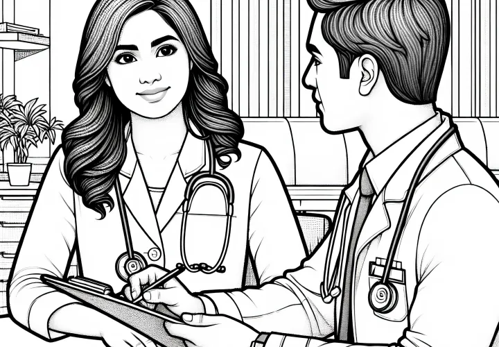 Ärztin bei Besprechung mit Kollegen – Ausmalbild, detailreich, gratis