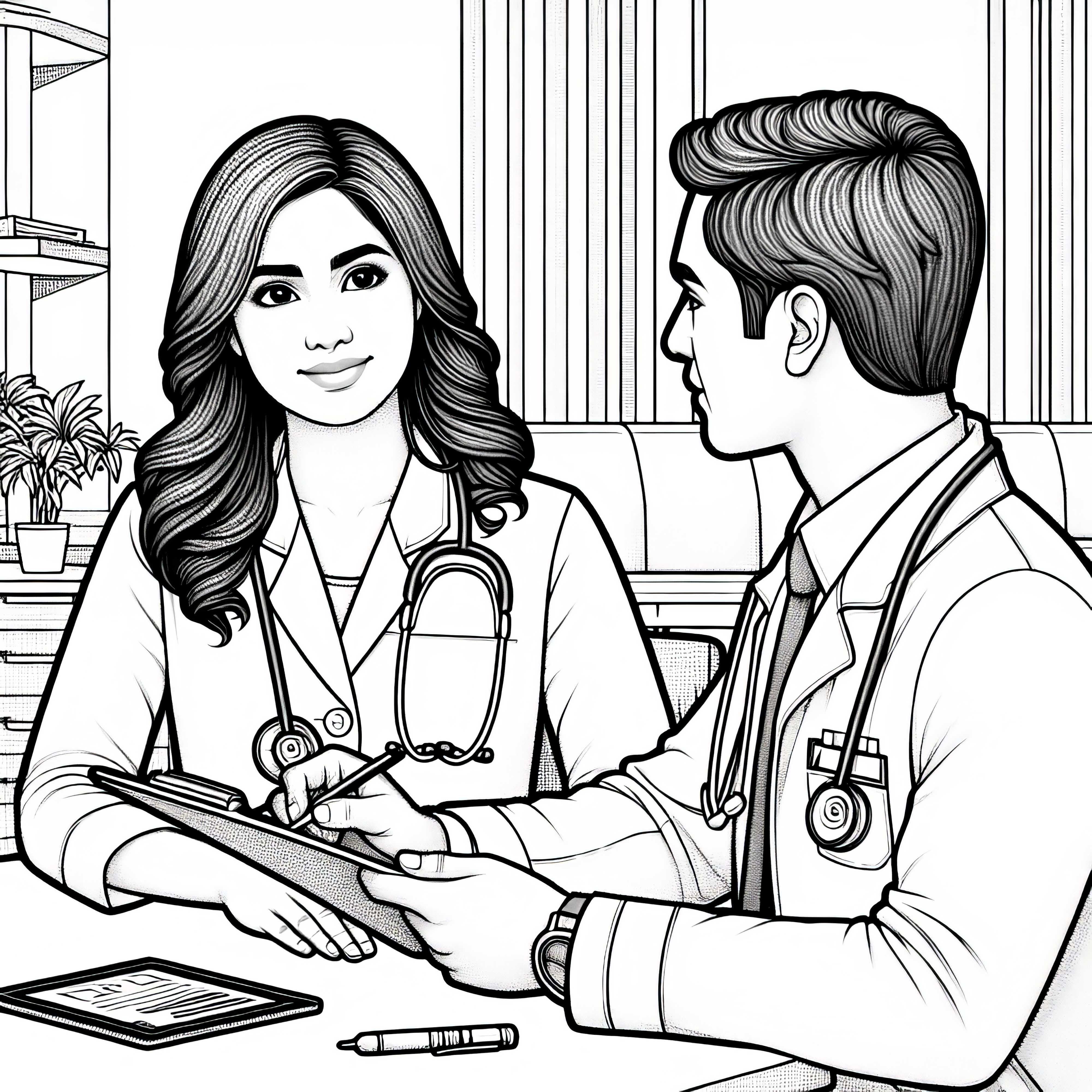 Doctor in a meeting with colleagues - coloring picture, detailed, free