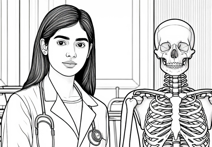 Doctor with skeleton model in the background - detailed coloring page free of charge Doctor with skeleton model in the background – Detailed free coloring page