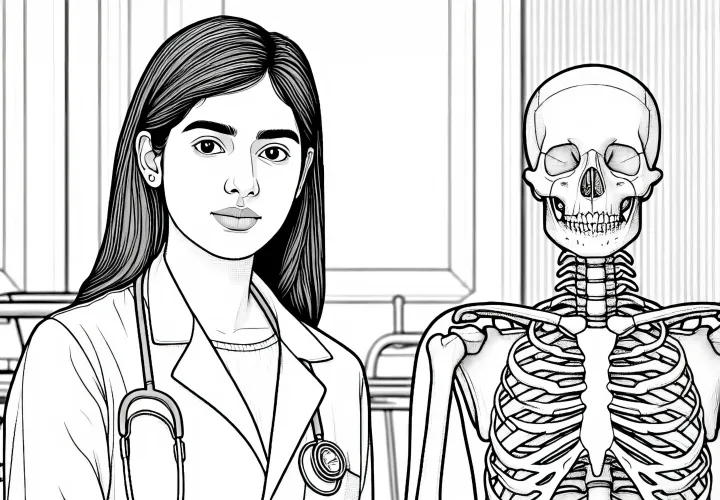 Ärztin mit Skelettmodell im Hintergrund – Ausmalbild detailreich kostenlos