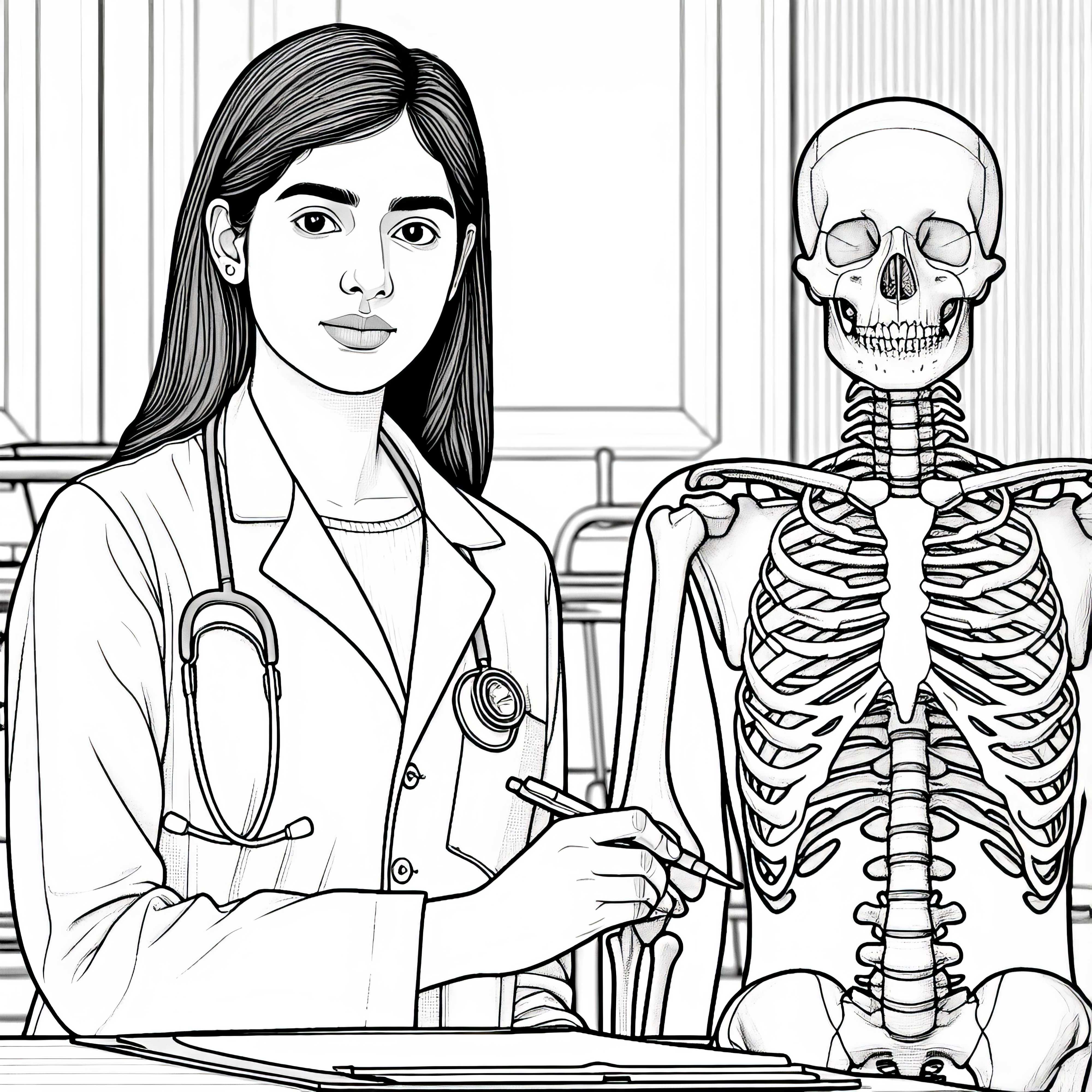 Doctor with skeleton model in the background - detailed free coloring page