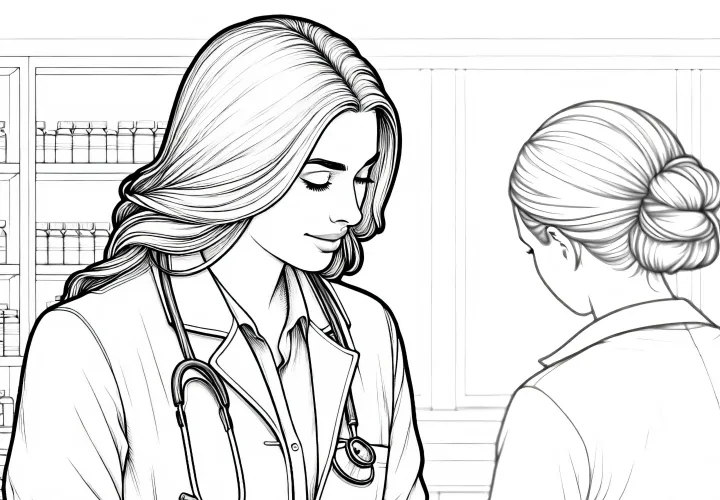 Ärztin, die Medikamente verschreibt und Rezeptblock – Malvorlage detailreich kostenlos