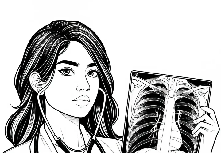 Ärztin mit einem Röntgenbild – Malvorlage detailreich kostenlos