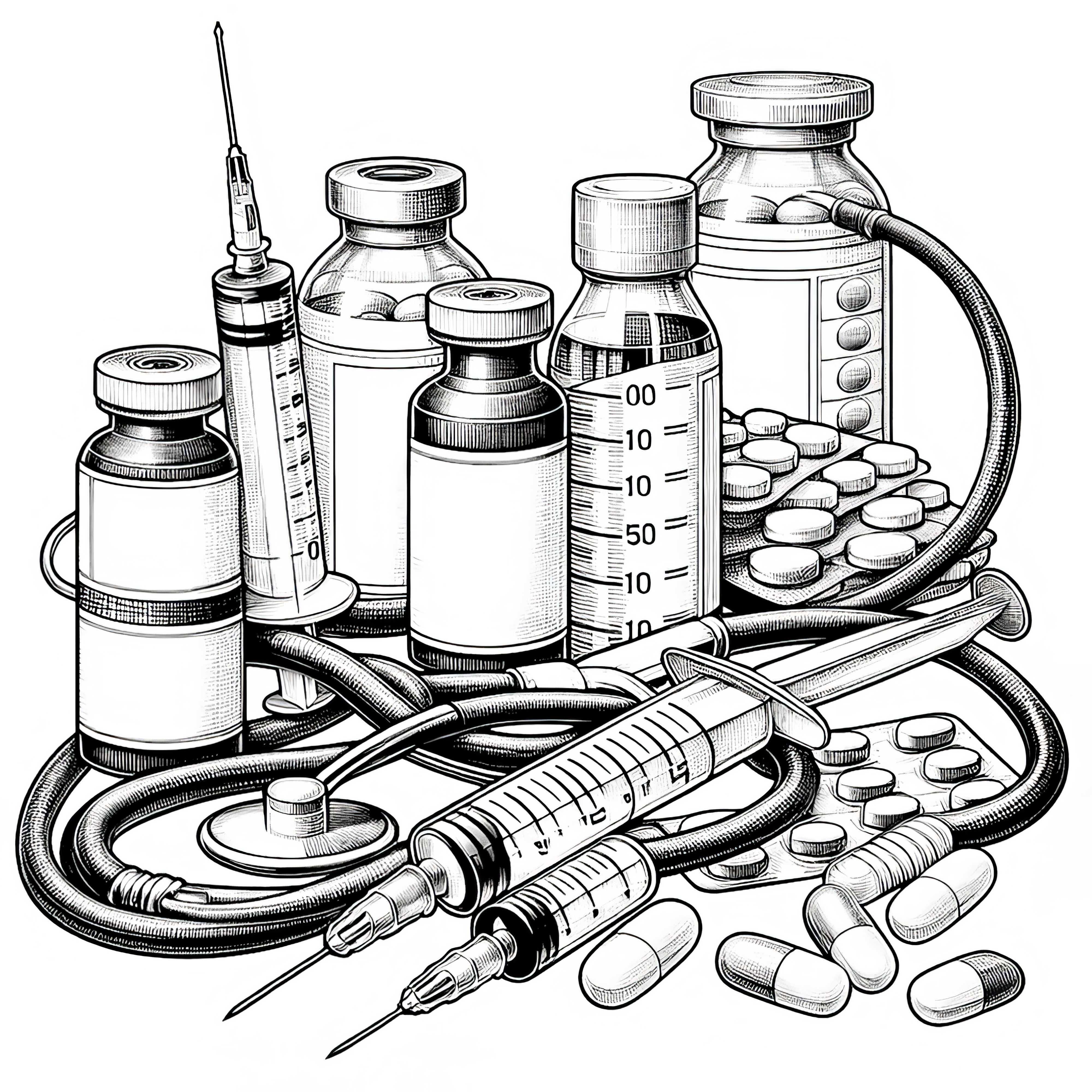 Syringe and medicine bottles for doctor – coloring page