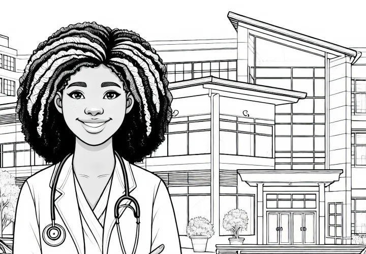 Krankenhaus mit Ärztin – Ausmalbild für Kinder