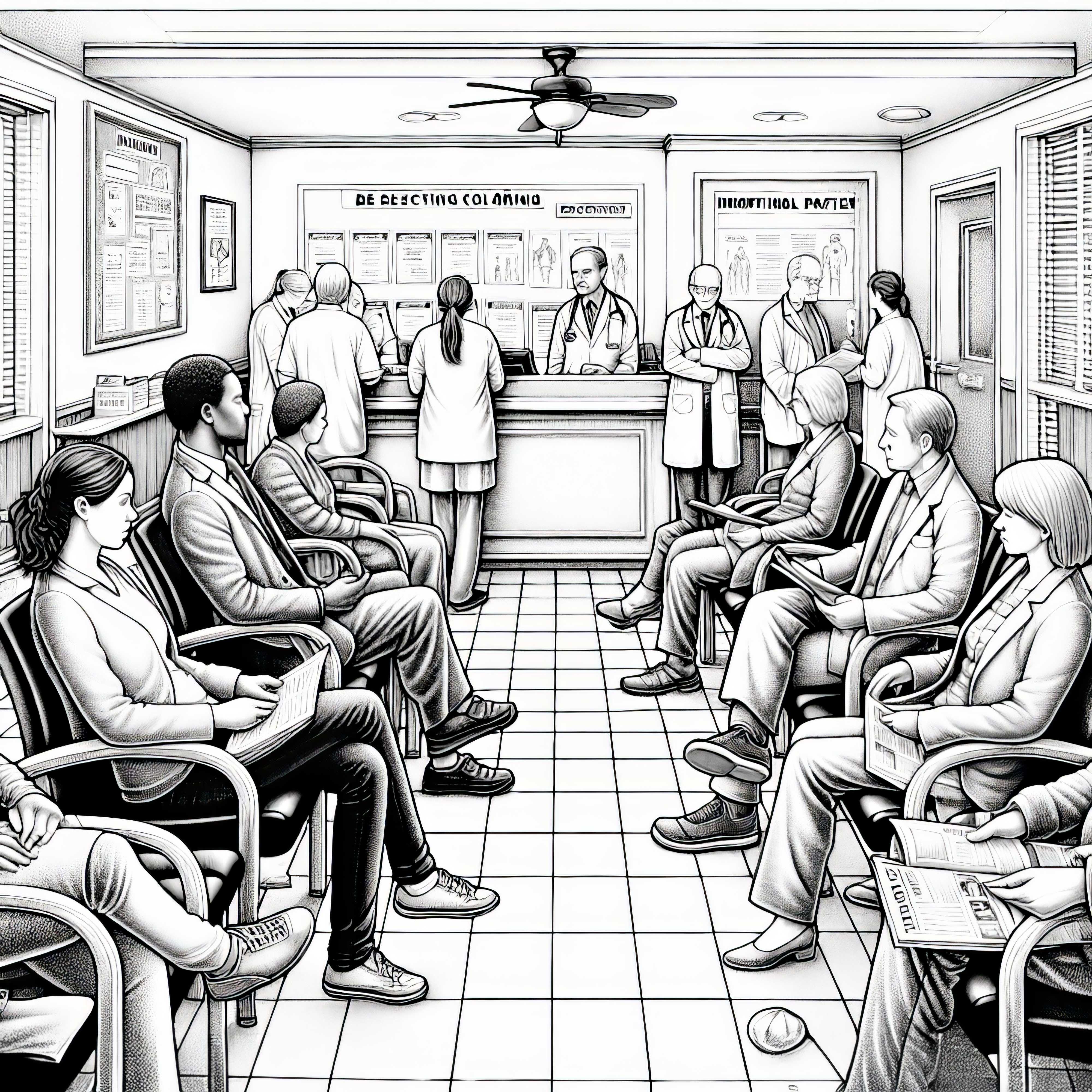 Waiting Room at the Doctor's Detailed Coloring Page Free