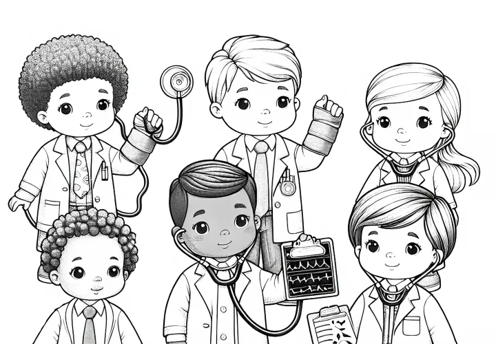 Kinder, die sich als Arzt verkleiden – Malvorlage kostenlos