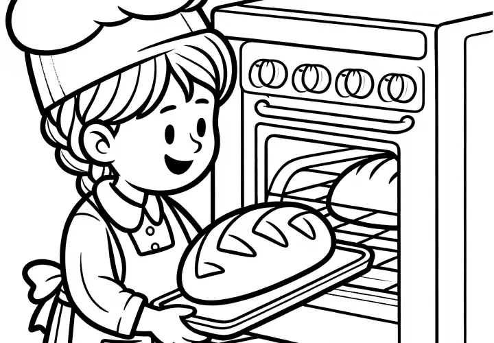 Bäcker holt Brot aus dem Ofen – Malvorlage einfach gratis