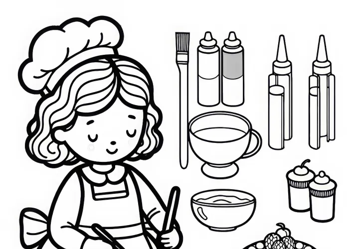 Bäckerin bei der Dekoration von Torten – Malvorlage einfach und kostenlos