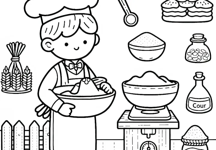 Der Bäcker wiegt Mehl ab – Malvorlage einfach kostenlos