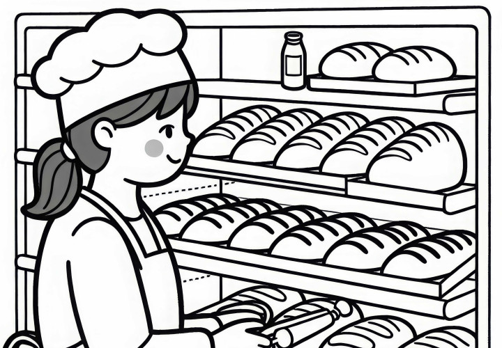 Bäckerin in Bäckerei mit Brot-Regal – Ausmalbild einfach gratis Bäckerin in Bäckerei mit Brot-Regal – Ausmalbild einfach gratis