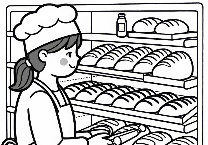 Bäckerin in Bäckerei mit Brot-Regal – Ausmalbild einfach gratis