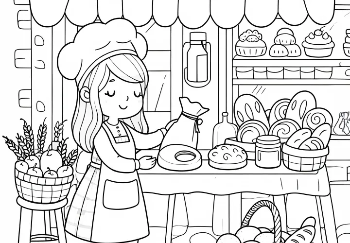 Bäckerin bei Frühmarkt mit frischem Gebäck – Malvorlage einfach gratis