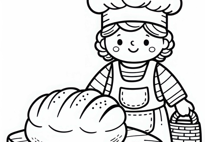 Bäckerin mit großem Brotlaib auf Holzbrett – Malvorlage einfach kostenlos Bäckerin mit großem Brotlaib auf Holzbrett – Malvorlage einfach kostenlos