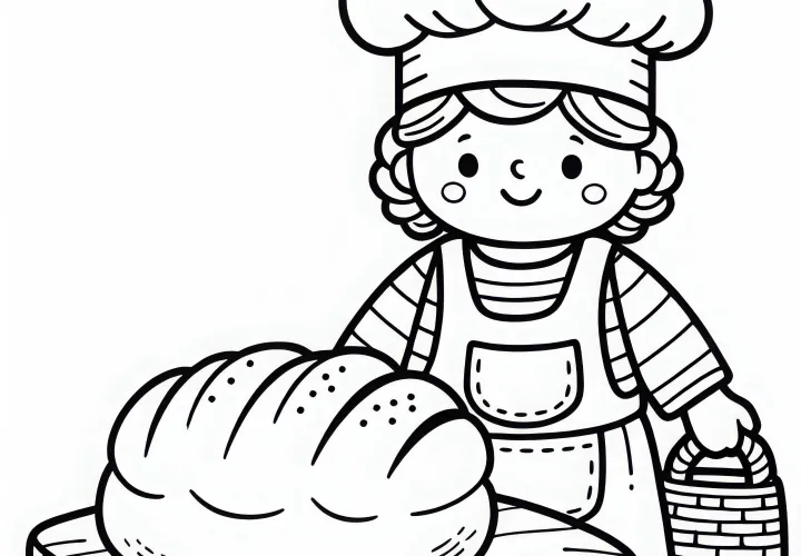 Bäckerin mit großem Brotlaib auf Holzbrett – Malvorlage einfach kostenlos