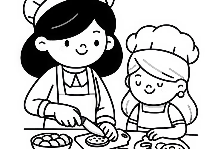 Bäckerin, die Kekse aussticht und verziert – Malvorlage einfach kostenlos