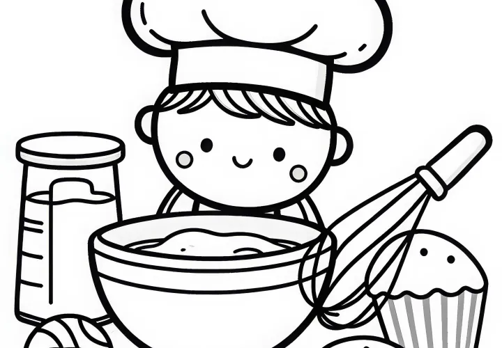 Bäcker mit Rührschüssel und Schneebesen – Malvorlage einfach gratis