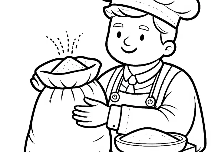 Mehlsack mit Bäcker – Ausmalbild einfach kostenlos