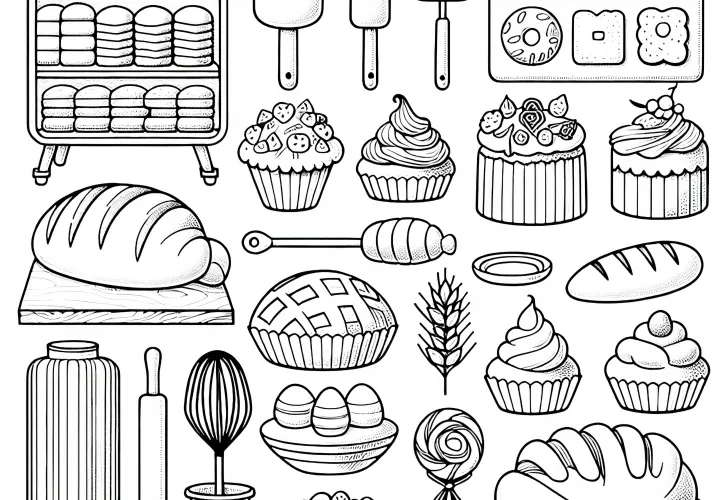 Ausmalbild verschiedener Backwaren aus der Bäckerei – kostenlos und einfach