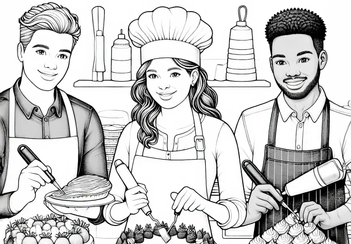 Bäcker bei Dekoration von Torten – Malvorlage detailreich gratis