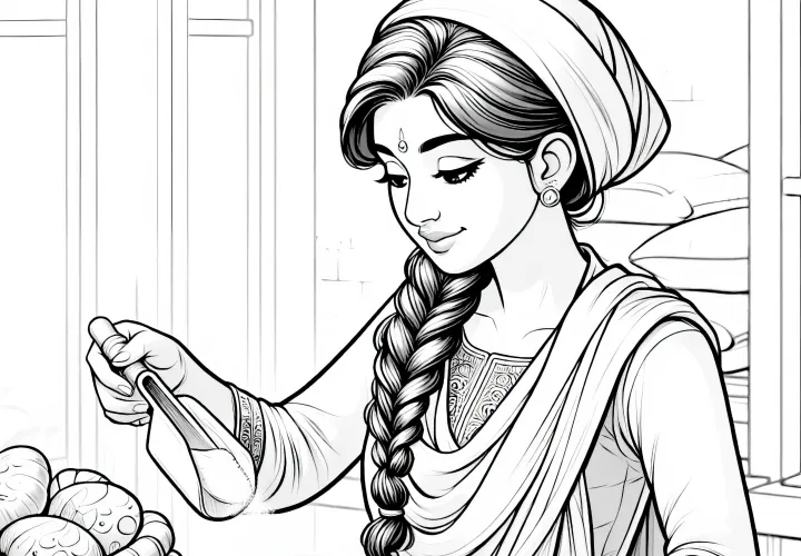 Bäckerin wiegt Mehl ab – Ausmalbild kostenlos und detailreich