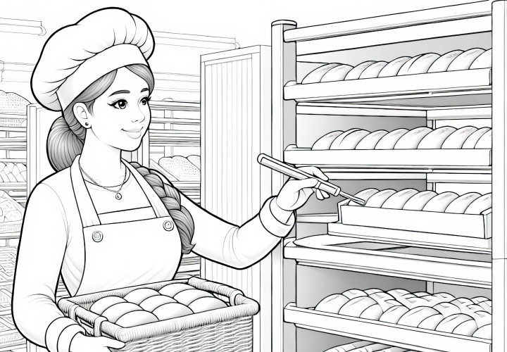 Bäckerin in der Bäckerei mit Regal voller Brote – Ausmalbild detailreich gratis Bäckerin in der Bäckerei mit Regal voller Brote – Ausmalbild detailreich gratis