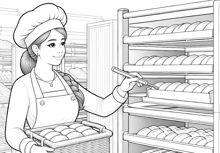 Bäckerin in der Bäckerei mit Regal voller Brote – Ausmalbild detailreich gratis
