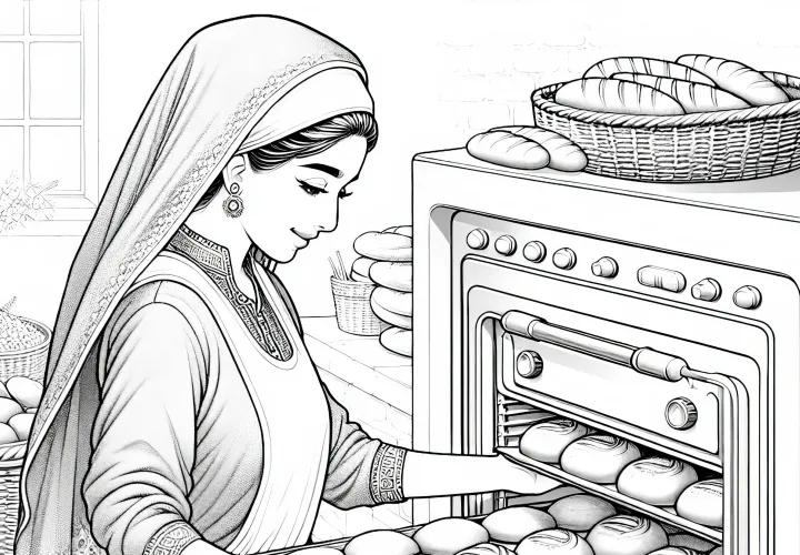 Bäckerin Holt Brötchen Aus Ofen – Ausmalbild Detailreich und Kostenlos