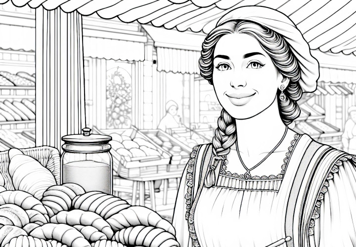 Bäckerin auf dem Frühmarkt mit frischem Gebäck - Ausmalbild Bäckerin auf dem Frühmarkt mit frischem Gebäck - Ausmalbild