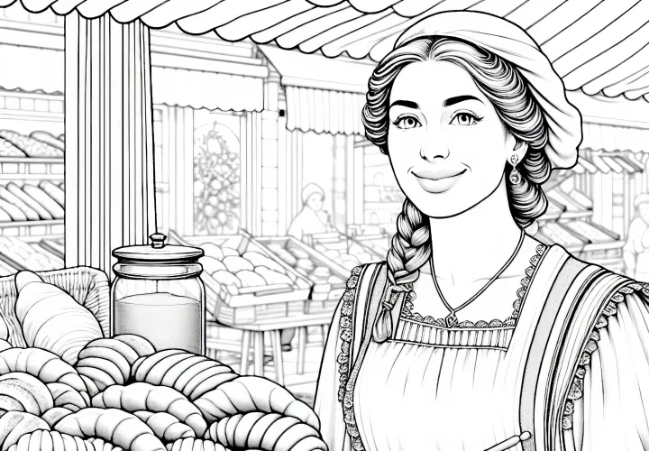 Bäckerin auf dem Frühmarkt mit frischem Gebäck - Ausmalbild