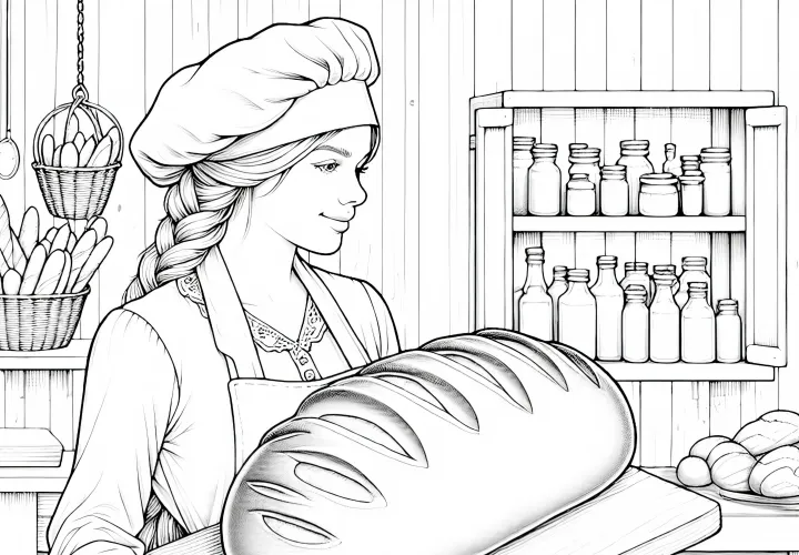 Bäckerin mit großem Brotlaib auf Holzbrett – Malvorlage detailreich kostenlos