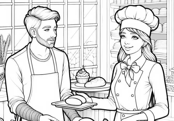 Zwei Bäcker in der Bäckerei - Malvorlage Detailreich Kostenlos