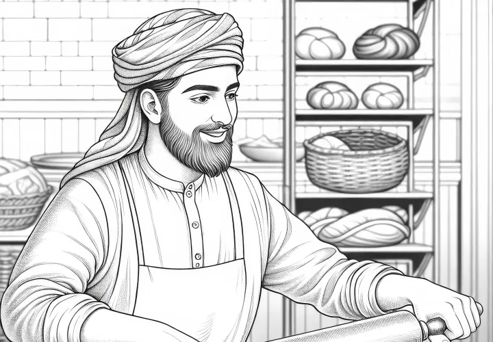 Bäcker rollt Teig aus – Malvorlage detailreich und kostenlos