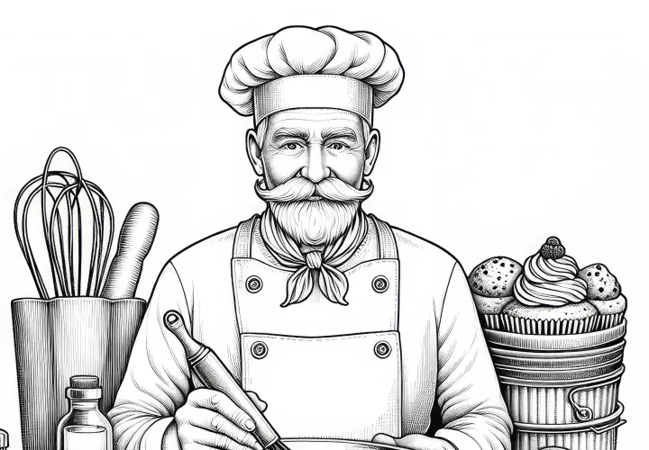 Bäcker mit Rührschüssel und Schneebesen – Malvorlage Detailreich Kostenlos