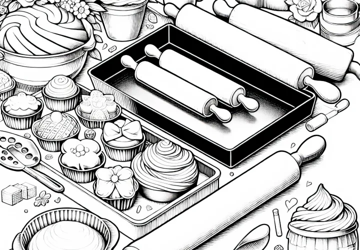Backblech und Backformen eines Bäckers – Malvorlage detailreich gratis