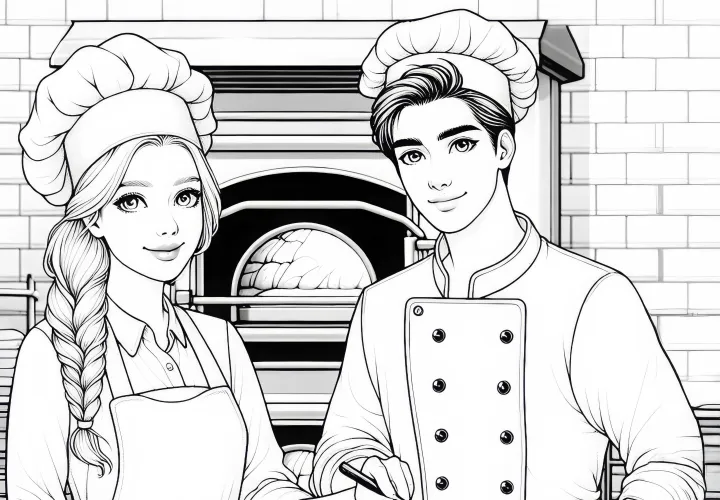 Ausmalbild eines Backofens mit Bäckern – Detailreich und kostenlos