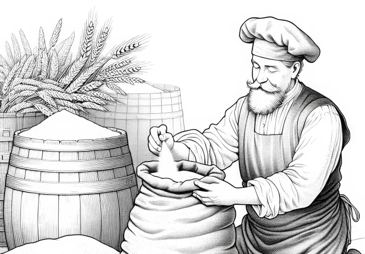 Mehlsack mit Bäcker – Ausmalbild kostenlos und detailreich