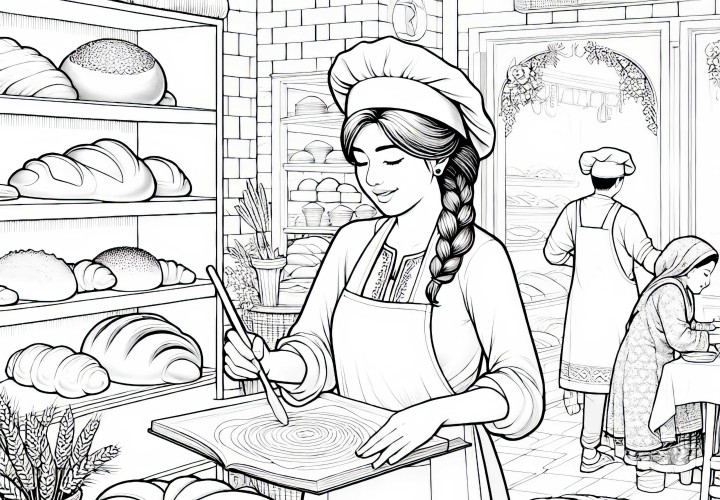 Detailreiches kostenloses Ausmalbild einer Bäckerei Detailreiches kostenloses Ausmalbild einer Bäckerei