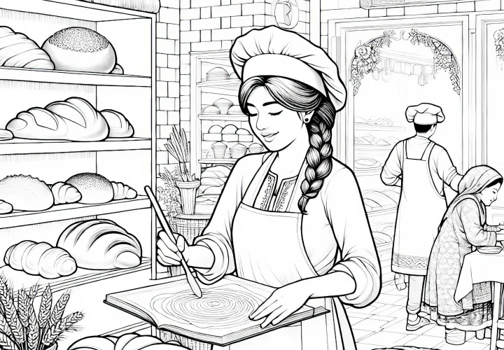 Detailreiches kostenloses Ausmalbild einer Bäckerei