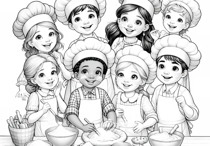 Kinder, die sich als Bäcker verkleiden – Ausmalbild, detailreich, kostenlos