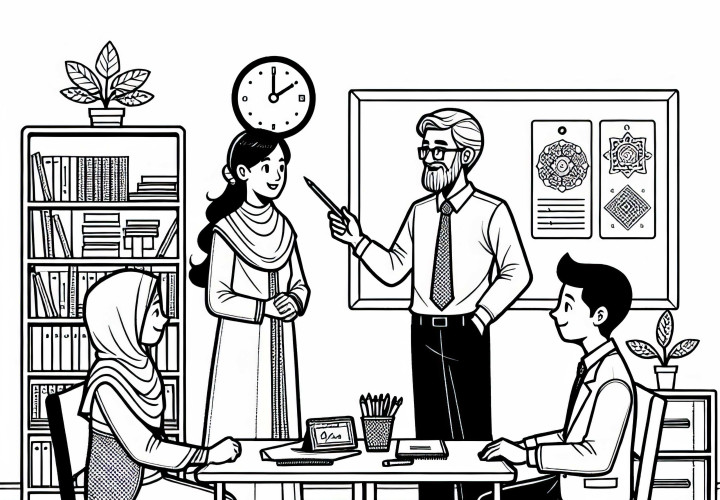 Teacher at a meeting with parents – free simple coloring page Teacher at meeting with parents – free simple coloring page