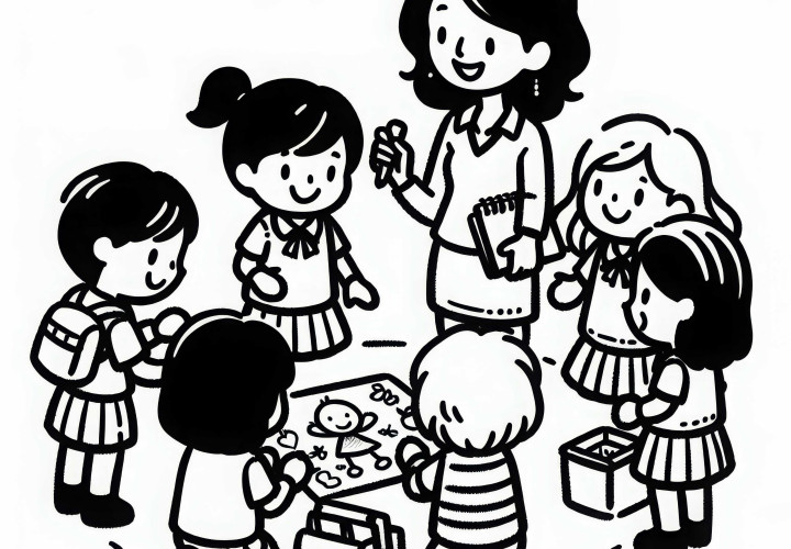 Lehrerin mit Schülern bei Gruppenarbeit - Malvorlage einfach gratis Lehrerin mit Schülern bei Gruppenarbeit - Malvorlage einfach gratis