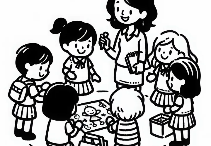 Lehrerin mit Schülern bei Gruppenarbeit - Malvorlage einfach gratis