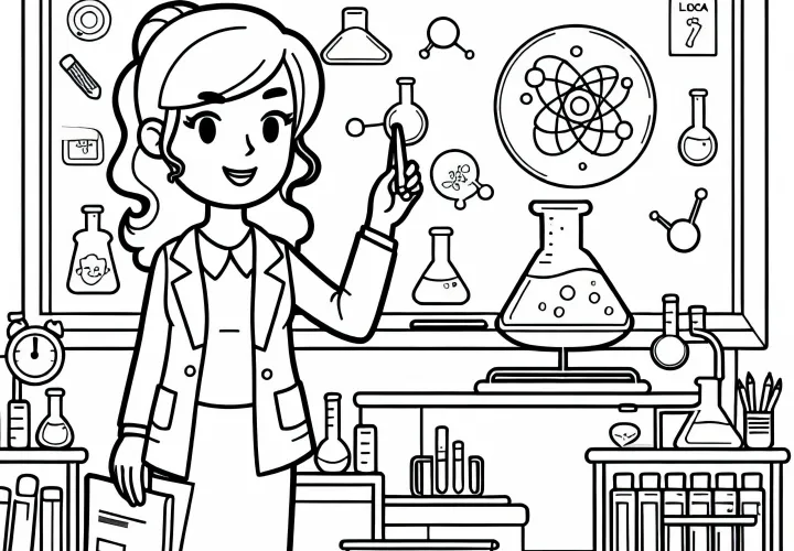 Lehrerin bei Experiment im Chemieunterricht - Malvorlage Kostenlos