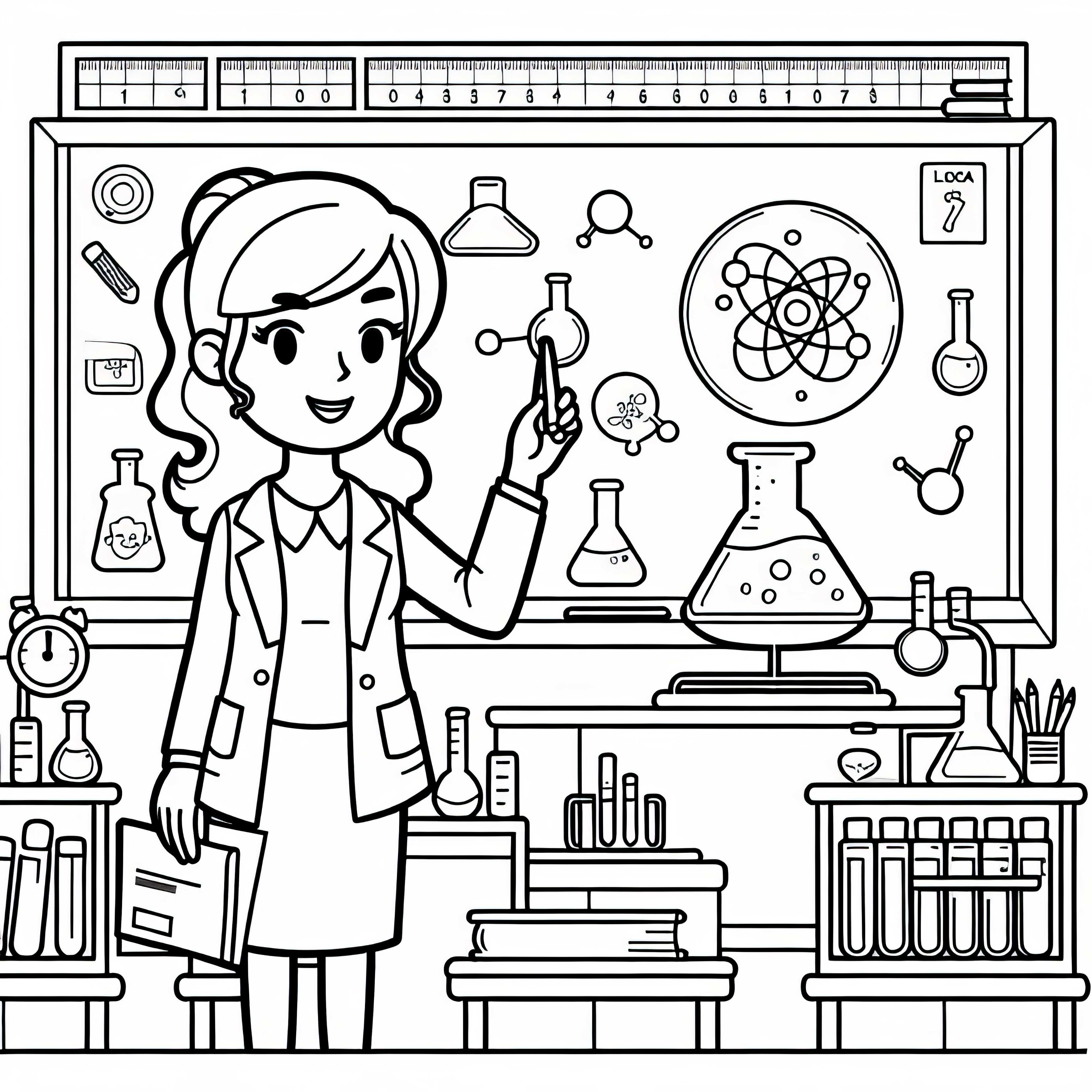 Lehrerin bei Experiment im Chemieunterricht - Malvorlage Kostenlos