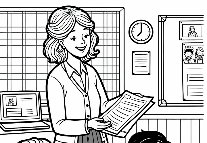 Lehrerin verteilt Arbeitsblätter in der Klasse – Malvorlage einfach gratis Lehrerin verteilt Arbeitsblätter in der Klasse – Malvorlage einfach gratis