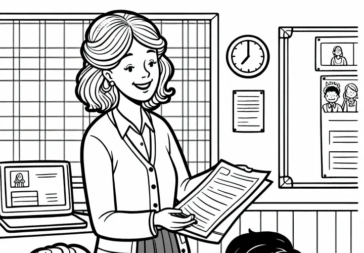 Lehrerin verteilt Arbeitsblätter in der Klasse – Malvorlage einfach gratis