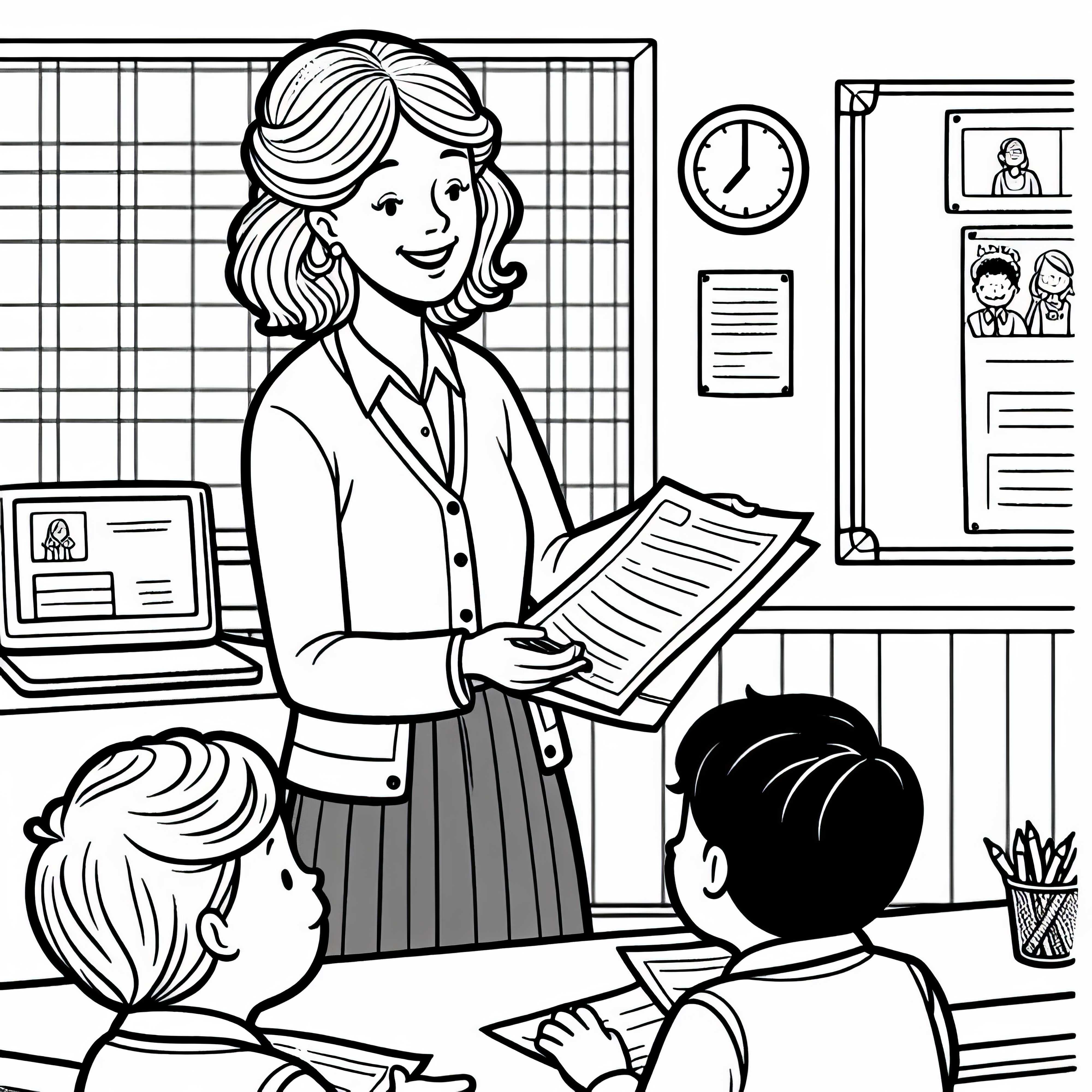 Lehrerin verteilt Arbeitsblätter in der Klasse – Malvorlage einfach gratis