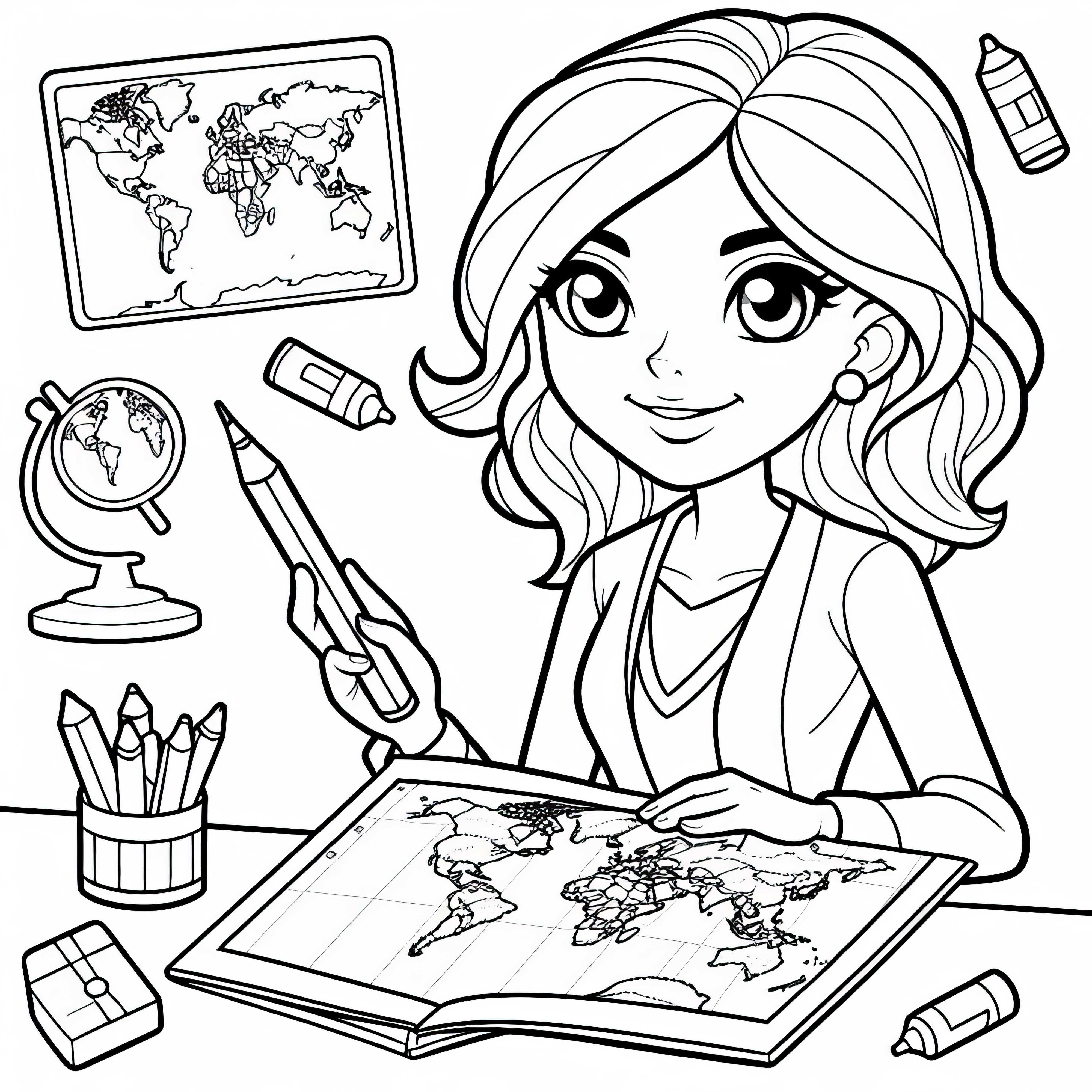 Lehrerin mit Karte im Geografieunterricht – Ausmalbild Einfach Kostenlos